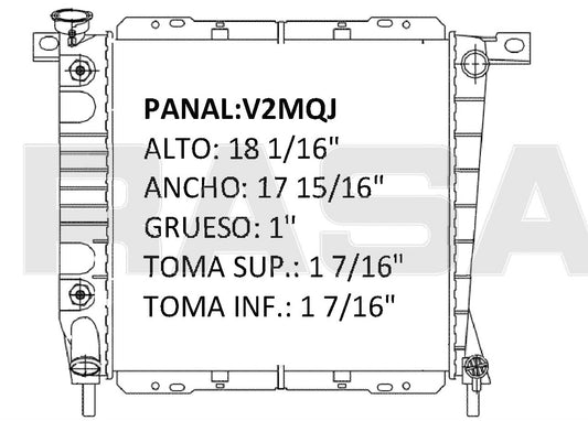 35566 AU RADIADOR ALUMINIO PLASTICO BRONCO II, RANGER, 2.8 Lt V6, 2.9 Lt V6 / EXPLORER, TOMA HACIA ABAJO LADO CHOFER 85-94 TRANS:AUTOMATICA RASA