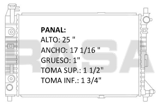 35687 AU RADIADOR ALUMINIO PLASTICO MUSTANG Motor 3.8 V6 C/GOLLETE 97-04 TRANS:AUTOMATICA RASA